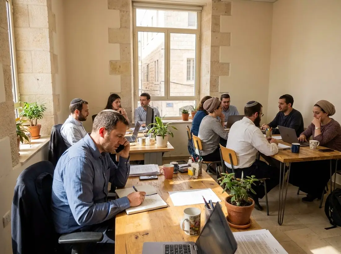 Illustration: a founder on a phone call at his desk in a Jerusalem office