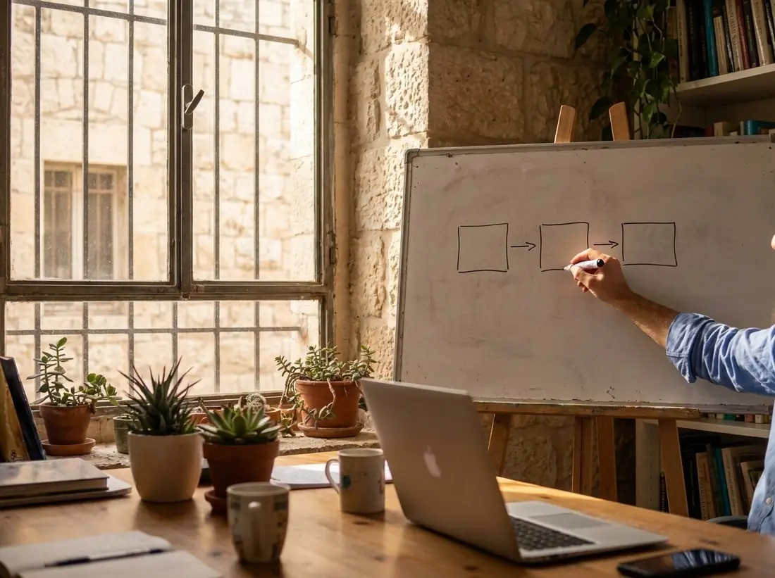 Illustration: a hand draws a three-step diagram on a whiteboard in a Jerusalem office
