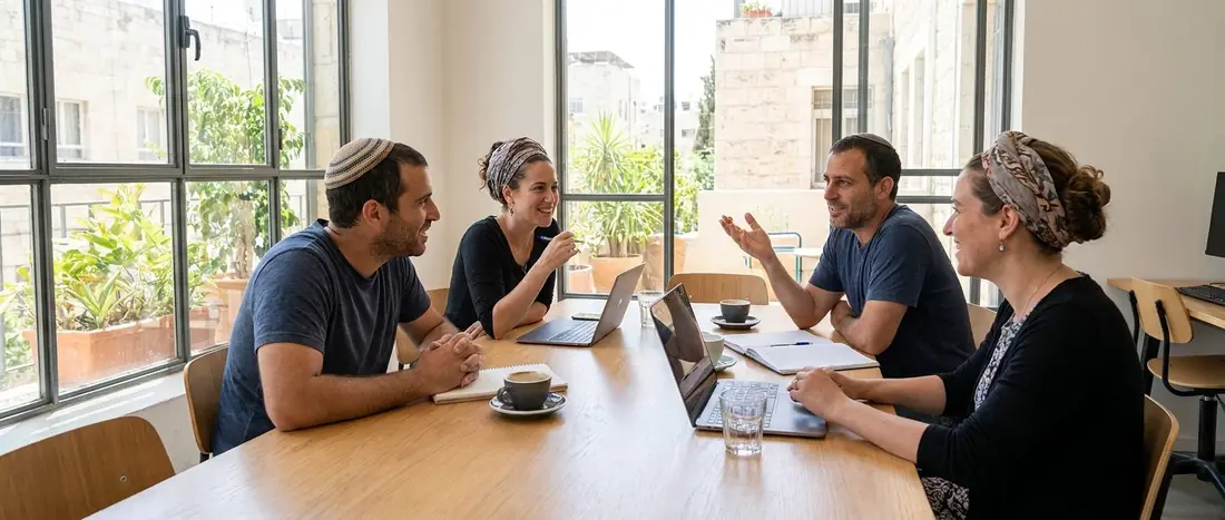 איור: צוות קטן של ארבעה אנשים עובד סביב שולחן ארוך בחלל עבודה משותף בישראל