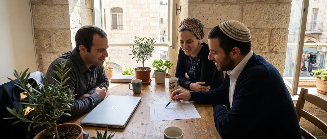 Illustration: three people at a table in a Jerusalem office reviewing a printed one-page plan