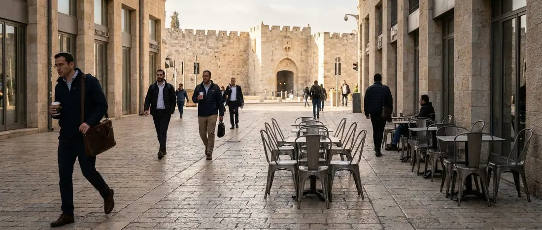 Illustration: the Mamilla pedestrian street in Jerusalem in the morning, with the Old City walls at the end