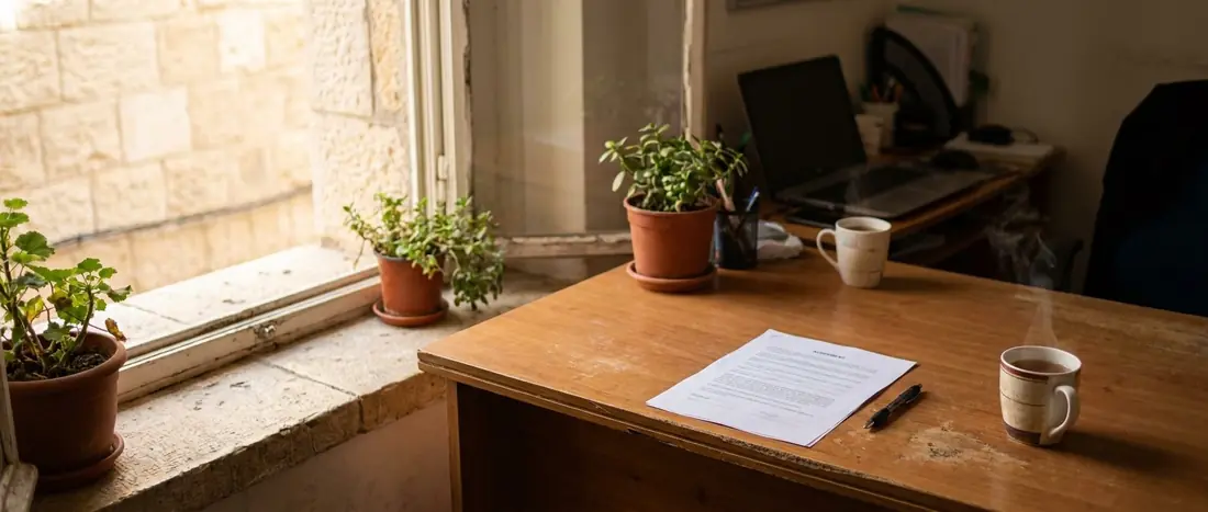 Illustration: a calm wooden desk with a one-page agreement and a pen