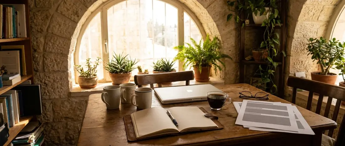 Illustration: a notebook open to blank pages with a pen, coffee and a short stack of printed pages, by a window