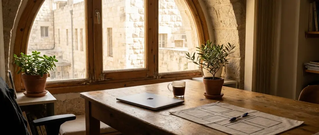 Illustration: a tidy desk by a window with a printed one-page canvas, a pen and a closed laptop